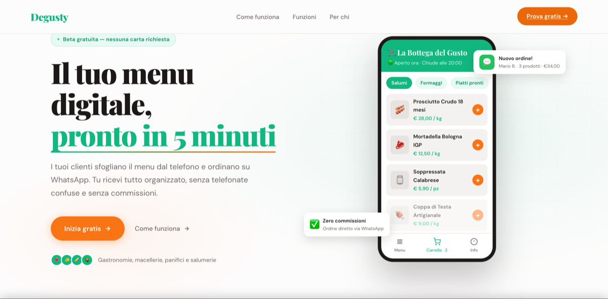 Degusty - Menu digitale e ordini WhatsApp per negozi alimentari